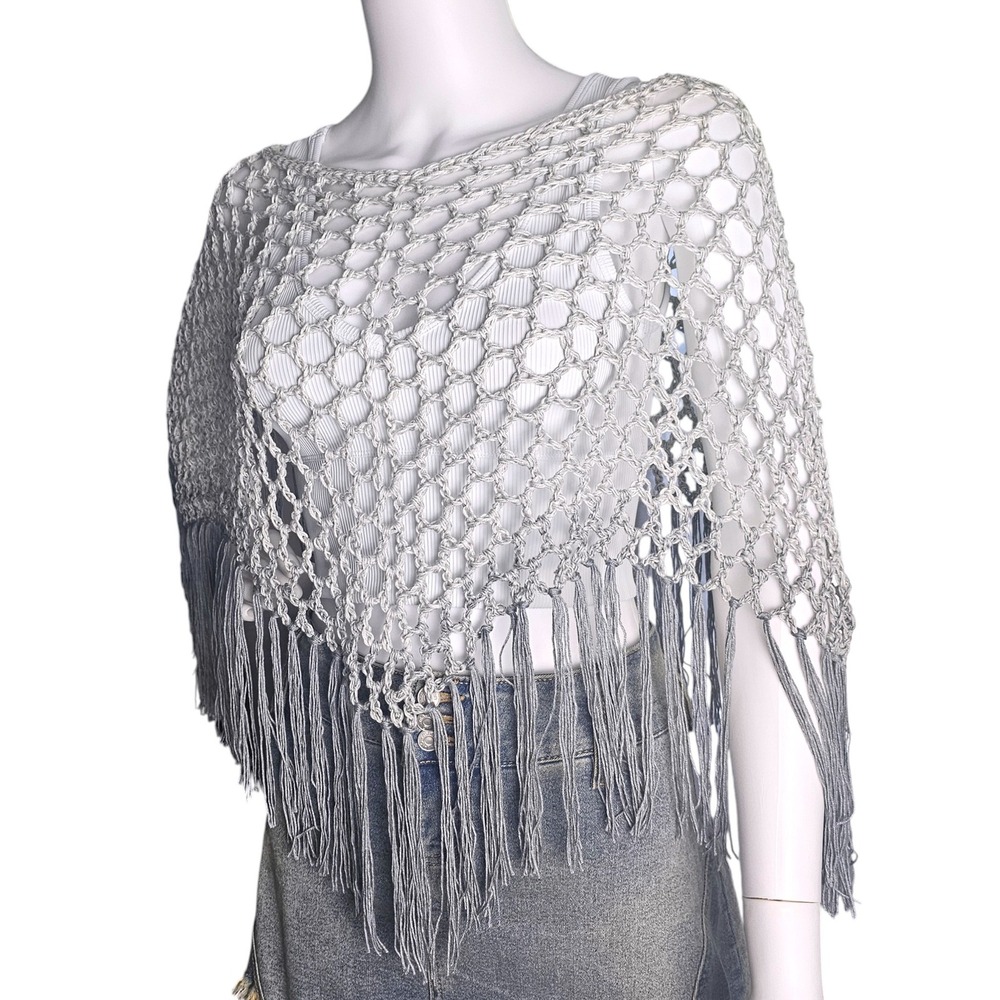 Handmade Crochet Shawl Women Gray Ombre Fringe Cotton Boho Poncho - Picture 4 of 10